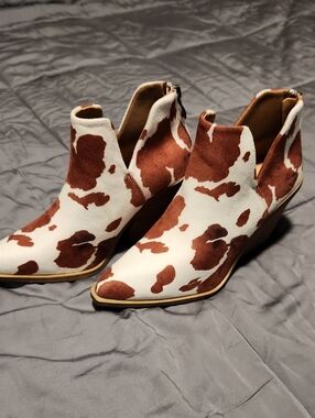 Cow-Print Ankle Booties in Brown & White – Slip-On Wedge Style